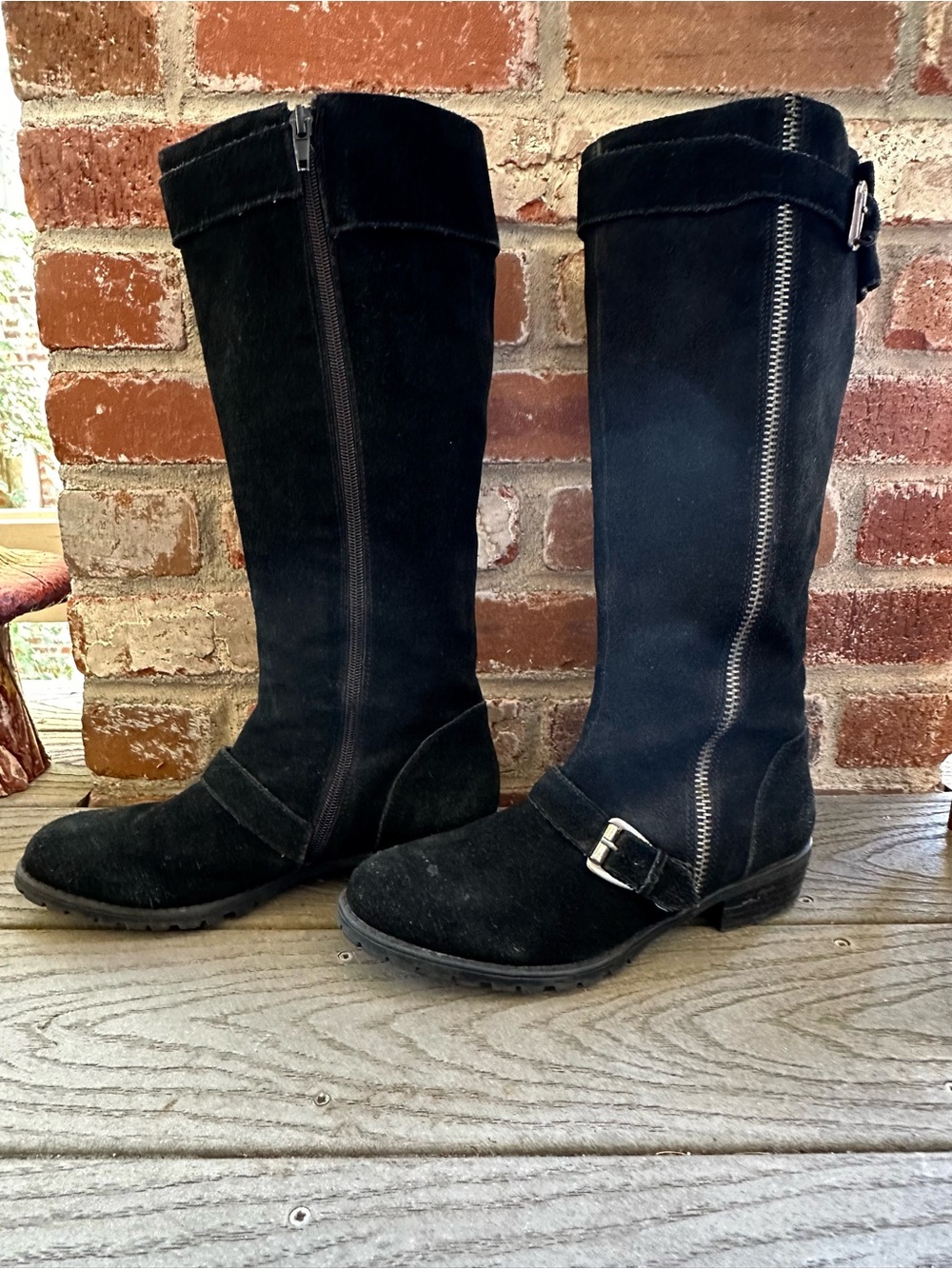 Steve Madden Black Suede Knee-High Moto Boots 8| Buckle & Zipper